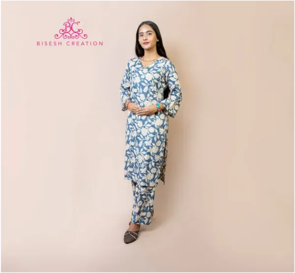 Bisesh Creation Blue V-Neck Full Floral Printed Straight Kurta Pant Set For Women